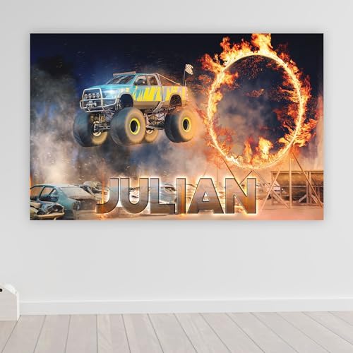 timalo® Cooles Monstertruck Poster personalisiert mit Namen | Bild für die Wand | Wandbild für Kinder Jungen mit Feuer Auto Kinderzimmer Deko | child008-B100xH61cm von timalo