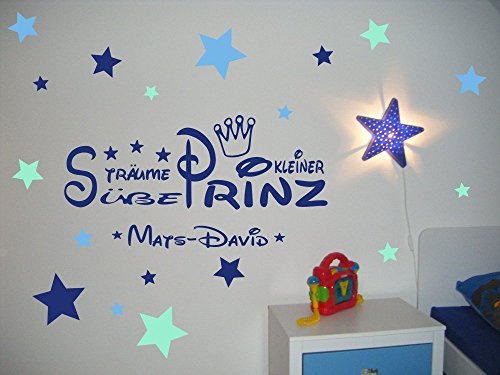 timalo® Wandtattoo mit Namen fürs Kinderzimmer ~ Text: Süße Träume kleiner Prinz + Krone, Sterne Tricolore blau - und Babyname für Jungen, Buben ~ 68025-58x28 cm Wandaufkleber Wandtatoos Sticker von timalo
