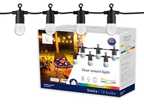tint Smarte Outdoor Lichterkette STELLA Starter-Set – Steuerbar per Alexa oder Fernbedienung – Mit weißem (1800-6500 K) und farbigem Licht RGB – Spritzwassergeschützt (IP44) – 12 Birnen von tint