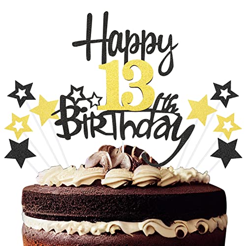 9 Stück Happy 13th Birthday Cake Topper,13 Geburtstag Tortendeko Glitzer 13 Geburtstag Cupcake Toppers für Junge Mädchen Geburtstag Kuchen Dekoration Schwarz von tiopeia