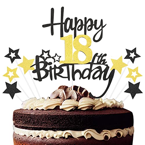 9 Stück Happy 18th Birthday Cake Topper,18 Geburtstag Tortendeko Glitzer 18 Geburtstag Cupcake Toppers für Junge Mädchen Geburtstag Kuchen Dekoration Schwarz von tiopeia