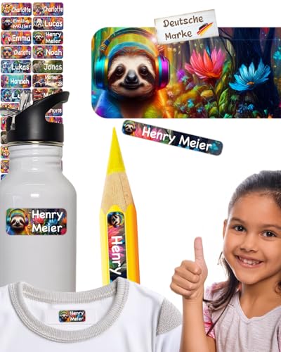 tjapalo® 100 Stück Faultier Namensaufkleber Kinder Kleidung & Stifte Namensschilder für Kleidung waschmaschinenfest namensetiketten Kinder Spülmaschinenfest Namensschild für Schule & Kita (AF6) von tjapalo