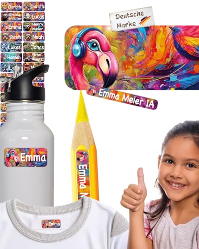 tjapalo® 100 Stück Flamingo Namensaufkleber Kinder Kleidung & Stifte Wasch/-Spülmaschinenfest Namensschilder für Kleidung Mädchen namensetiketten Kinder Aufkleber mit Namen Schule & Kita AF5 von tjapalo