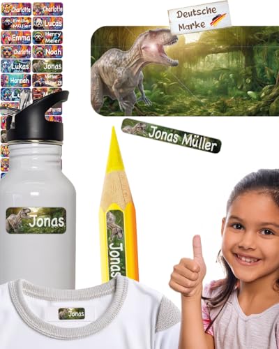 tjapalo® 100 Stück Namensaufkleber Kinder Kleidung & Stifte Wasch/-Spülmaschinenfest Namensschilder für Kleidung Jungen namensetiketten Kinder Dino Aufkleber mit Namen Schule & Kita AF12 von tjapalo