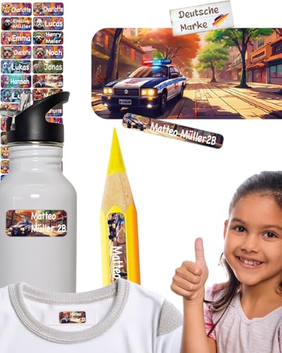 tjapalo® 100 Stück Namensaufkleber Kinder Kleidung & Stifte Wasch/-Spülmaschinenfest Namensschilder für Kleidung Jungen namensetiketten Kinder Polizei Aufkleber mit Namen Schule & Kita (AF15) von tjapalo