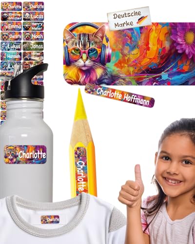 tjapalo® 100Stück Namensaufkleber Kinder Kleidung & Stifte Wasch/-Spülmaschinenfest Namensschilder für Kleidung Mädchen namensetiketten Kinder Katze Aufkleber mit Namen Schule & Kita (AF1) von tjapalo