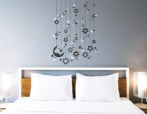 tjapalo® pkm468 funkelndes Wandtattoo Kinderzimmer Sterne Mond Wandtattoo Schlafzimmer romantisch Wandtattoo Mädchen zimmer Wandaufkleber mit Kristallen, Farbe: dunkelgrau, Größe: H80xB38cm von tjapalo