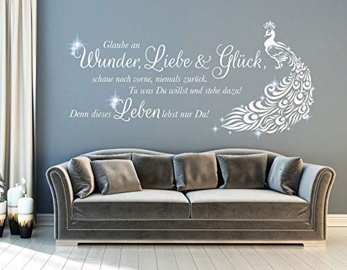 tjapalo® pkm490 wandtattoo wohnzimmer spruch zitate Wandsticker glaube Wandtattoo glaube an wunder liebe und glück Pfau mit glitzer Kristallen viele Farben, Farbe: Silber, Größe: B120xH49cm von tjapalo