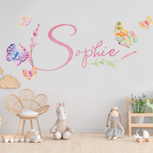 tjapalo® vr37 Mädchen Wandtattoo mit Namen Wandtattoo Kinderzimmer Mädchen Aquarell Mädchenzimmer Name mit Schmetterlingen, Größe: B100xH44cm von tjapalo