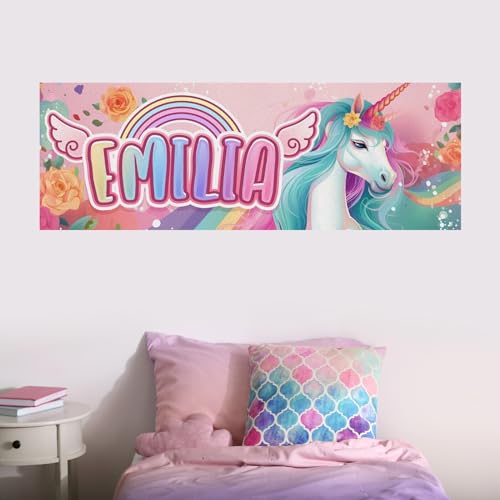 tjapalo® vz2 Wandbild Einhorn Kinderzimmer Poster mit Namen personalisiert Geschenk für Mädchen Poster für Mädchenzimmer Bilder Wandbild Kinderzimmer Mädchen, Größen Name: B100xH35cm von tjapalo