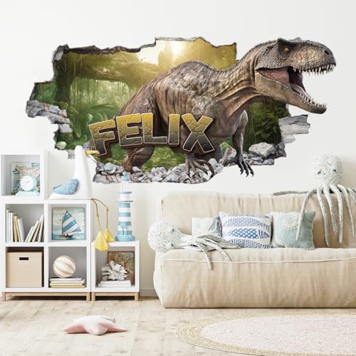 tjapalo® vz22N 3D Wandtattoo Kinderzimmer Name Deko Jungenzimmer Dino Wandtattoo T-Rex Wandsticker Kinderzimmer junge Name wandbilder dinosaurier, Größen Name: B120xH58cm von tjapalo