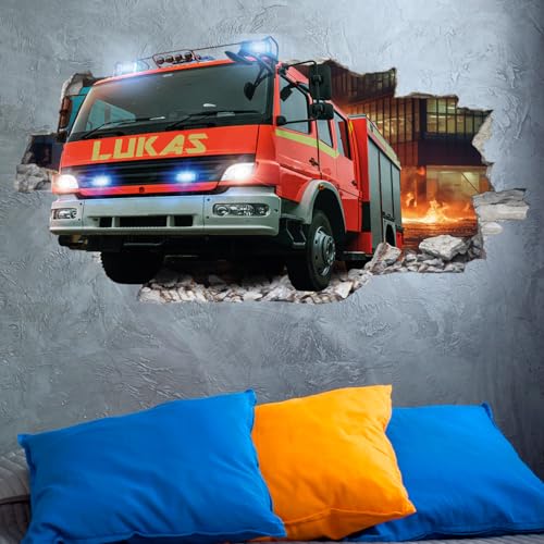 tjapalo® vz64 tjapalo® 3D Wandtattoo mit Namen Wandtattoo Feuerwehr Auto Wandaufkleber Wandtattoo Kinderzimmer junge Wandsticker Feuerwehr Kinder Deko Wandbild, Größen Name: B110xH58cm von tjapalo