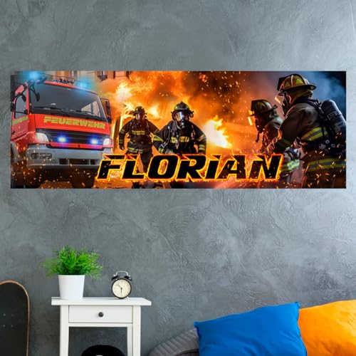 tjapalo® vz98 Bilder Kinderzimmer Poster mit Namen Kinderzimmer Wandbild Feuerwehr Auto Bild Kinderzimmer Feuerwehr Poster Feuerwehrbild Feuerwehrbilder, Größen Name: B100xH35cm von tjapalo