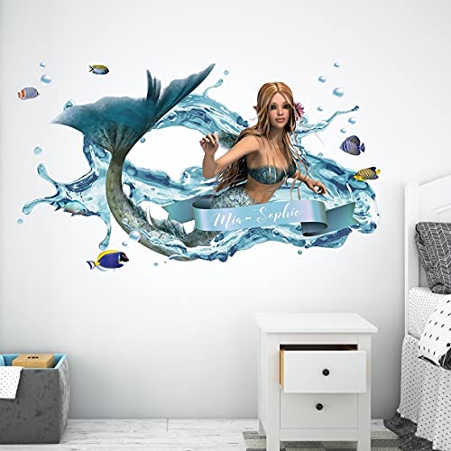tjapalo®vr77 3D Wandtattoo Kinderzimmer Mädchen Wandtattoo Fantasy Wandtattoo Meerjungfrau 3D mit Name, Größe: B58xH35cm von tjapalo
