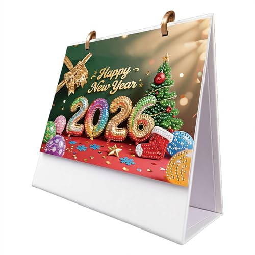 DIY Diamond Art Painting Schreibtischkalender 2026, Monatlicher Flip Tabletop Stehpult-Kalender Kit, Tischkalender mit Diamant-Kunstmalerei-Design für Home Office (rote Weihnachten) von tkerinse