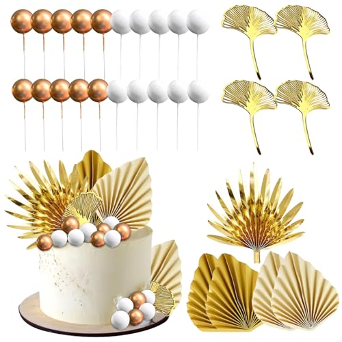 tlidfgeo 29 Stück Boho Tortendeko, tortendeko gold, Kugel Palmblätter Kuchendekoration torten deko, Boho cake decoration für Männer Frau DIY Geburtstag Babyparty Braut tortendekoration von tlidfgeo