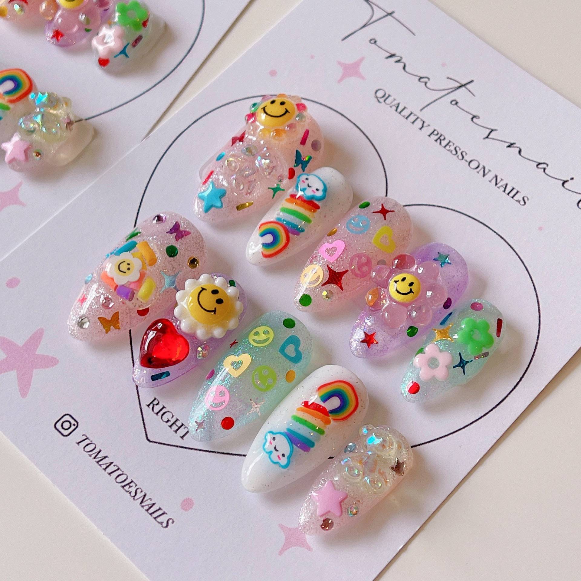 Happy Vibes Nägel , Sommer Glitzer Party Smiley Niedlich & Spaß Regenbogen Set Von 10 Volle Dekoration Happy Vibes Nägel , Sommer Glitzer Party Smiley Niedlich & Spaß Regenbogen Set Von 10 Volle Dekoration von tomatoesnails