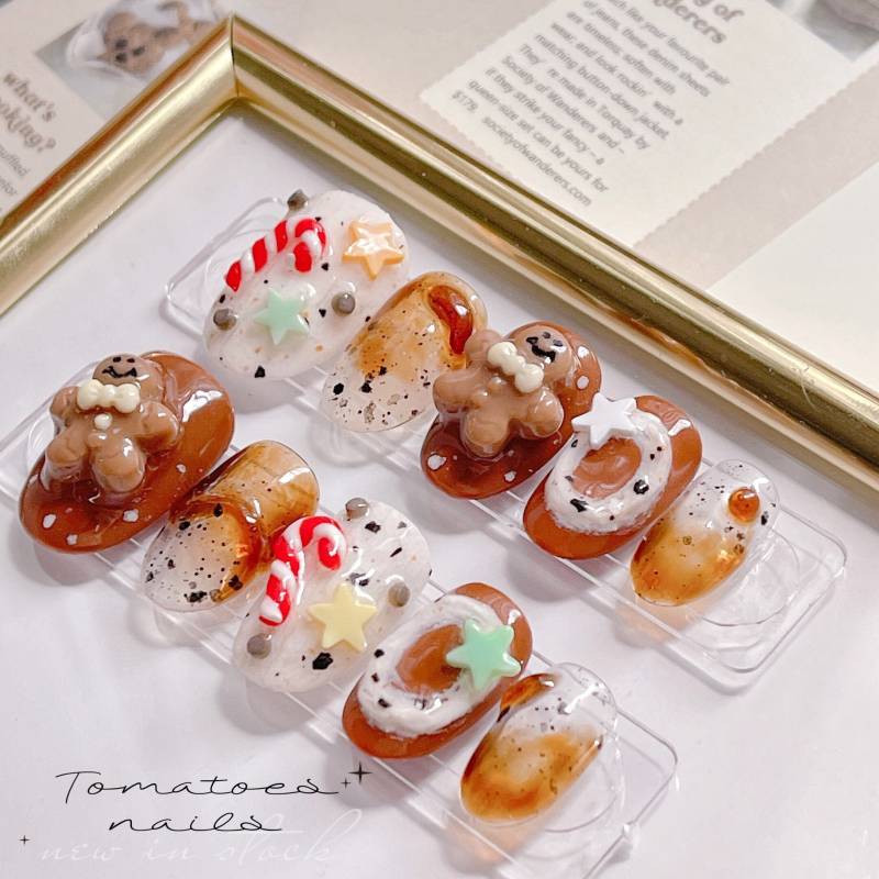 Lebkuchen Cookie Nägel, Süße Weihnachtsnägel, 3D Feiertagsnägel, Winternägel, Festliche Wiederverwendbare Nägel von tomatoesnails