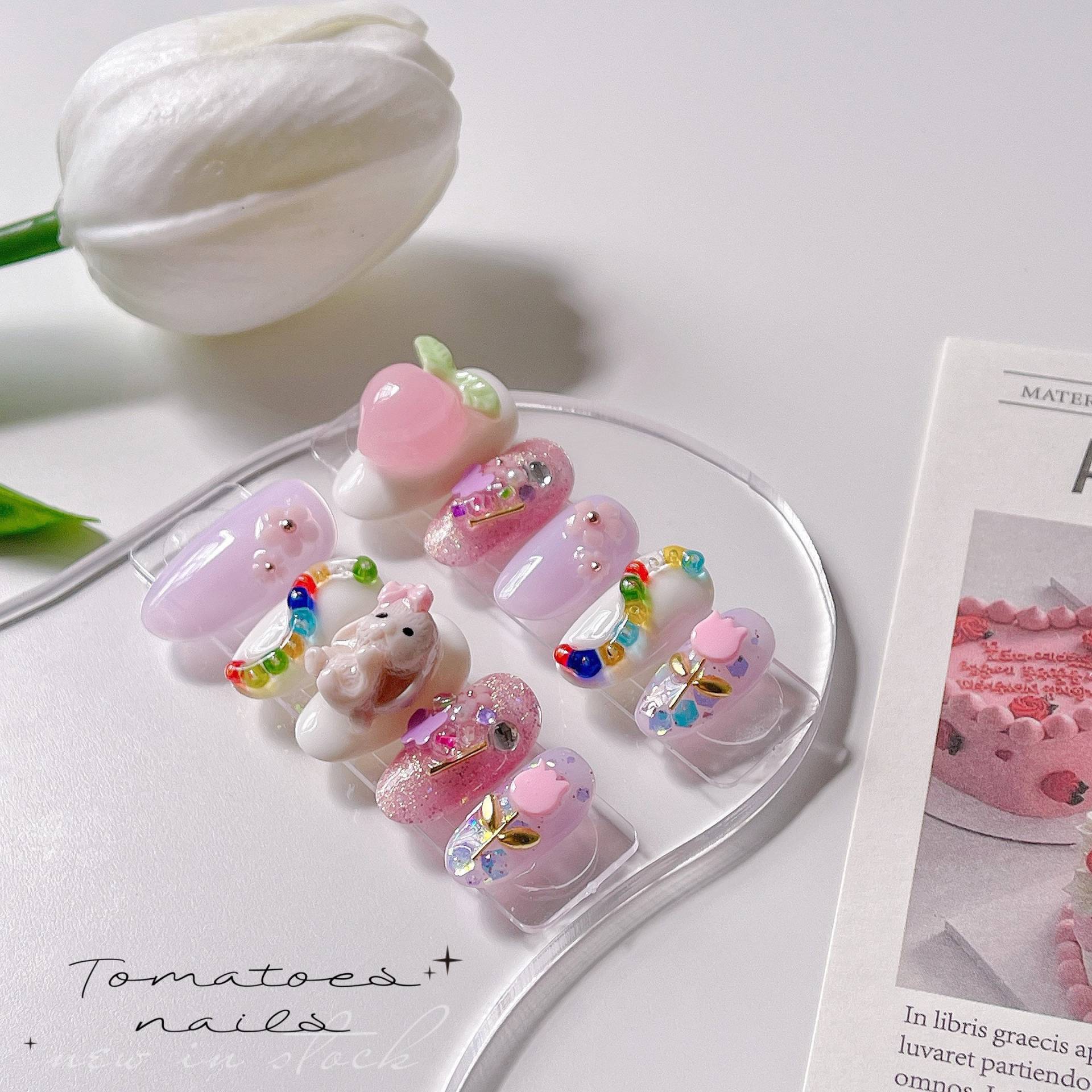 Süße Süße Pfirsich - Und Häschen-Pressnägel, Kawaii-Glitzernägel, Pfirsichfarbene Baby-Kaninchen-Tulpennägel, Kawaii 3D-Nägel, Tomatennägel Süße Süße Pfirsich - Und Häschen-Pressnägel, Kawaii-Glitzernägel, Pfirsichfarbene Baby-Kaninchen-Tulpennägel, Kawaii 3D-Nägel, Tomatennägel von tomatoesnails
