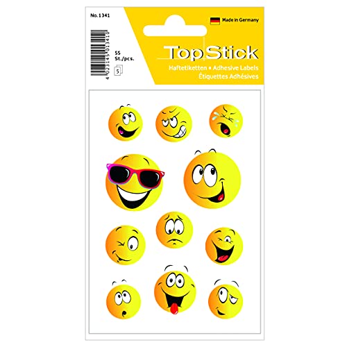 TopStick 1341 Aufkleber Smiley klein groß, 55 Stück, Belohnung Sticker mit lustigen Emoji Gesicht Motiv, Kinder Etiketten für Schule Grundschule Schüler Tagebuch Scrapbooking Geburtstag Deko Basteln von TopStick