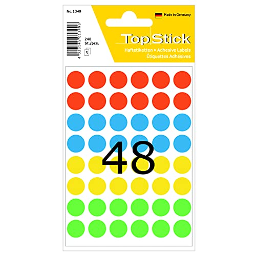 TopStick 1349 Punktaufkleber Klebepunkte bunt, 2400 Stück, Ø 13 mm, 48 pro Bogen, selbstklebend, Markierungspunkte für Kalender Planer Basteln, matt, blanko Papier Farbpunkte Aufkleber von topstick