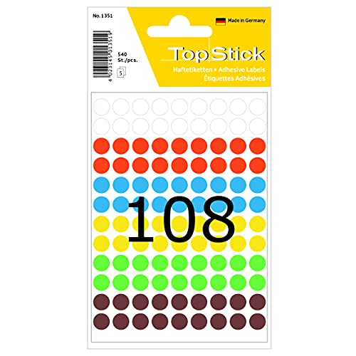 TopStick 1351 Punktaufkleber Klebepunkte bunt, 5400 Stück, Ø 8 mm, 108 pro Bogen, selbstklebend, Markierungspunkte für Kalender Planer Basteln, matt, blanko Papier Farbpunkte Aufkleber von TopStick