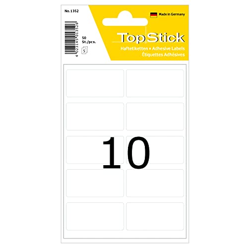 TopStick 1352 Vielzweck-Etiketten klein, 500 Stück, 40 x 19 mm, 10 pro Bogen, selbstklebend, Haushaltsetiketten zum Beschriften, matt, blanko Papier Klebeetiketten Aufkleber, weiß von topstick