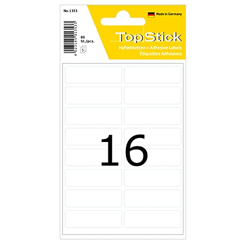 TopStick 1353 Vielzweck-Etiketten mini, 800 Stück, 13 x 40 mm, 16 pro Bogen, selbstklebend, Haushaltsetiketten zum Beschriften, matt, blanko Papier Klebeetiketten Aufkleber, weiß von topstick