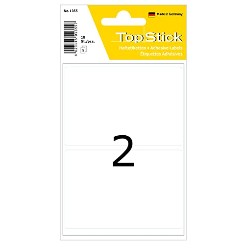 TopStick 1355 Vielzweck-Etiketten groß, 10 Stück, 82 x 55 mm, 2 pro Bogen, selbstklebend, Haushaltsetiketten zum Beschriften, matt, blanko Papier Klebeetiketten Aufkleber, weiß von TopStick