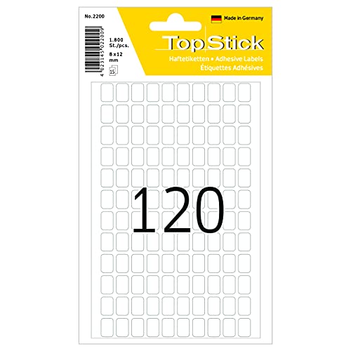 TopStick 2200 Vielzweck-Etiketten, 1800 Stück, 8 x 12 mm, 120 pro Bogen, selbstklebend, Haushaltsetiketten zum Beschriften, matt, blanko Papier Klebeetiketten Aufkleber, weiß von topstick