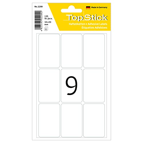 TopStick 2209 Vielzweck-Etiketten, 135 Stück, 34 x 53 mm, 9 pro Bogen, selbstklebend, Haushaltsetiketten zum Beschriften, matt, blanko Papier Klebeetiketten Aufkleber, weiß von topstick