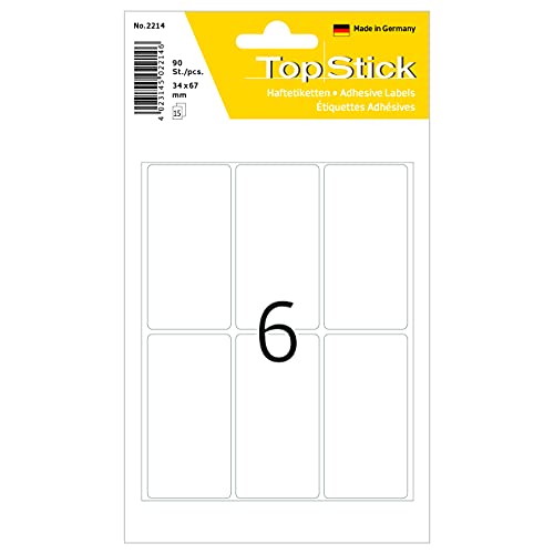 TopStick 2214 Vielzweck-Etiketten, 900 Stück, 34 x 67 mm, 6 pro Bogen, selbstklebend, Haushaltsetiketten zum Beschriften, matt, blanko Papier Klebeetiketten Aufkleber, weiß von topstick