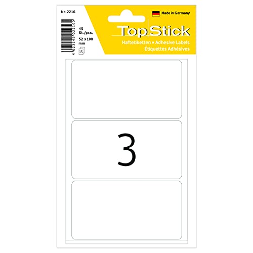 TopStick 2216 Vielzweck-Etiketten, 45 Stück, 52 x 100 mm, 3 pro Bogen, selbstklebend, Haushaltsetiketten zum Beschriften, matt, blanko Papier Klebeetiketten Aufkleber, weiß von topstick