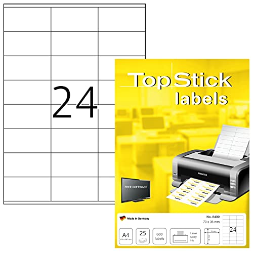 TopStick 8400 Adressetiketten, 25 Blatt, 70 x 36 mm, 24 pro A4 Bogen, 600 Stück, selbstklebend, bedruckbar, matt, blanko Papier Adressaufkleber Etiketten, weiß von TopStick
