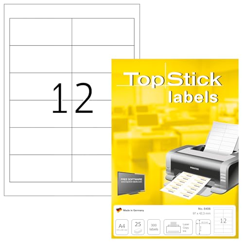 TopStick 8406 Universal Etiketten, 25 Blatt, 97 x 42,3 mm, 12 pro A4 Bogen, 300 Stück, selbstklebend, bedruckbar, matt, blanko Papier Klebeetiketten Aufkleber, weiß von TopStick