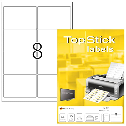 TopStick 8407 Adressetiketten, 25 Blatt, 99,1 x 67,7 mm, 8 pro A4 Bogen, 200 Stück, selbstklebend, bedruckbar, matt, blanko Papier Adressaufkleber Etiketten, weiß von topstick