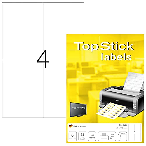 TopStick 8409 Universal Etiketten, 25 Blatt, 105 x 148 mm, 4 pro A4 Bogen, 100 Stück, selbstklebend, bedruckbar, matt, blanko Papier Klebeetiketten Aufkleber, weiß von topstick