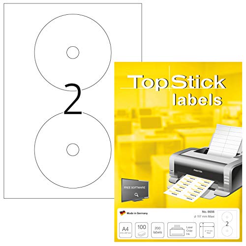 TopStick 8656 CD DVD Etiketten, 100 Blatt, Ø 117 mm Maxi, 2 pro A4 Bogen, 200 Stück, selbstklebend, bedruckbar, matt, blanko Papier Klebeetiketten Aufkleber, weiß von TopStick