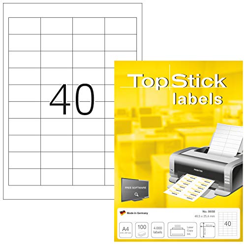 TopStick 8658 Universal Etiketten DIN A4 klein (48,5 x 25,4 mm, 100 Blatt, Papier, matt) selbstklebend, bedruckbar, permanent haftend Adressaufkleber, 4.000 Klebeetiketten, weiß von topstick