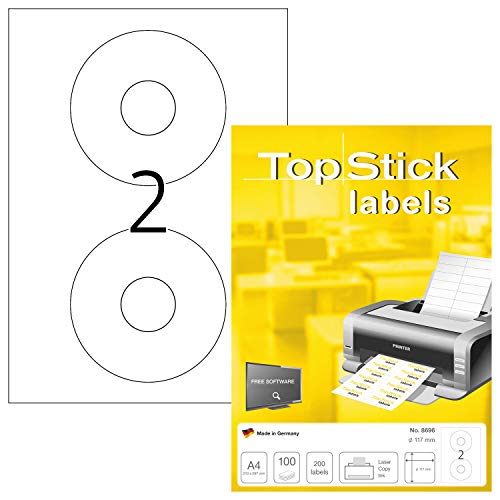 TopStick 8696 CD DVD Etiketten, 1000 Blatt, Ø 117 mm, 2 pro A4 Bogen, 2000 Stück, selbstklebend, bedruckbar, matt, blanko Papier Klebeetiketten Aufkleber, weiß von topstick