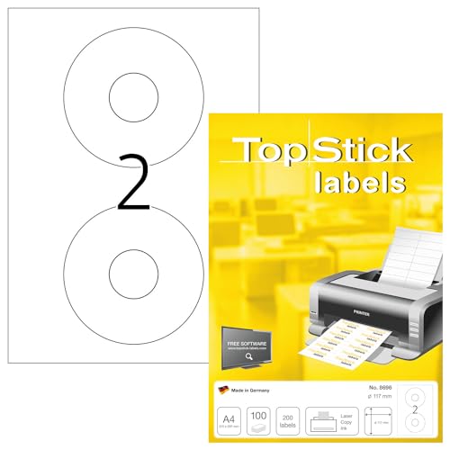TopStick 8696 CD DVD Etiketten, 100 Blatt, Ø 117 mm, 2 pro A4 Bogen, 200 Stück, selbstklebend, bedruckbar, matt, blanko Papier Klebeetiketten Aufkleber, weiß von topstick