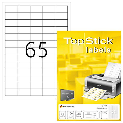 TopStick 8697 Universal Etiketten, 1000 Blatt, 38,1 x 21,2 mm, 65 pro A4 Bogen, 65000 Stück, selbstklebend, bedruckbar, matt, blanko Papier Klebeetiketten Aufkleber, weiß von topstick