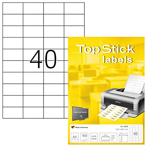 TopStick 8698 Universal Etiketten, 100 Blatt, 52,5 x 29,7 mm, 40 pro A4 Bogen, 4000 Stück, selbstklebend, bedruckbar, matt, blanko Papier Klebeetiketten Aufkleber, weiß von TopStick