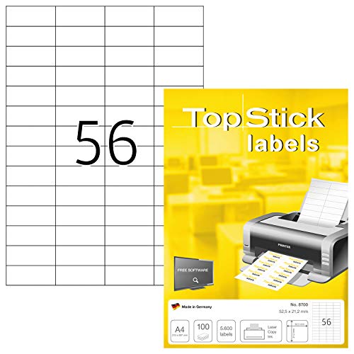 TopStick 8700 Universal Etiketten, 100 Blatt, 52,5 x 21,2 mm, 56 pro A4 Bogen, 5600 Stück, selbstklebend, bedruckbar, matt, blanko Papier Klebeetiketten Aufkleber, weiß von topstick
