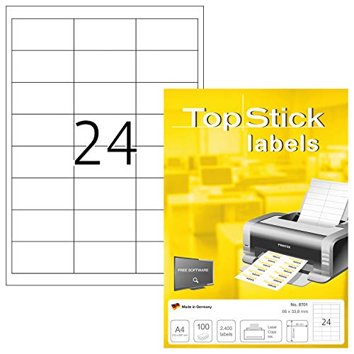 TopStick 8701 Universal Etiketten, 1000 Blatt, 66 x 33,8 mm, 24 pro A4 Bogen, 24000 Stück, selbstklebend, bedruckbar, matt, blanko Papier Klebeetiketten Aufkleber, weiß von topstick