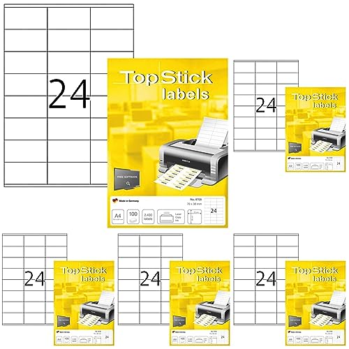 TopStick 8705 Adressetiketten, 100 Blatt, 70 x 36 mm, 24 Stück pro A4 Bogen, 2400 Aufkleber, selbstklebend, bedruckbar, blanko Universal Etiketten aus Papier für Laser/Inkjet Drucker, weiß von topstick