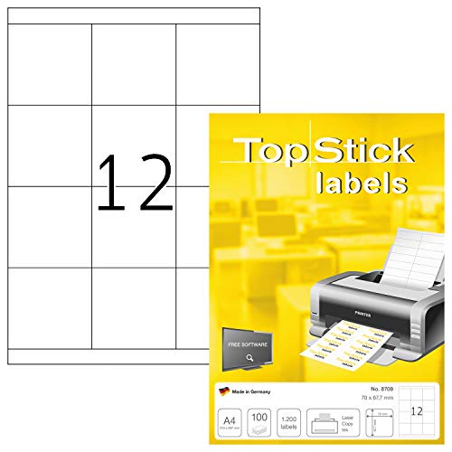 TopStick 8709 Universal Etiketten, 1000 Blatt, 70 x 67,7 mm, 12 pro A4 Bogen, 12000 Stück, selbstklebend, bedruckbar, matt, blanko Papier Klebeetiketten Aufkleber, weiß von topstick
