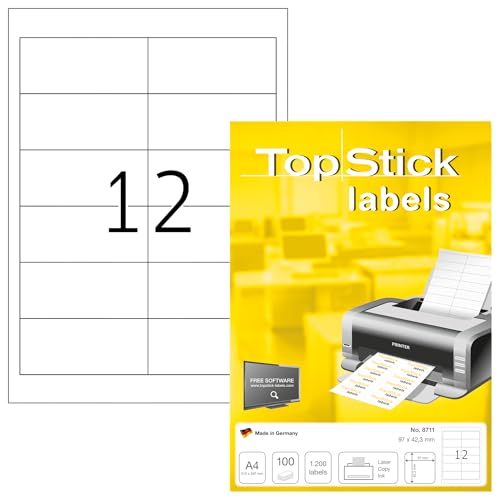TopStick 8711 Universal Etiketten, 1000 Blatt, 97 x 42,3 mm, 12 pro A4 Bogen, 12000 Stück, selbstklebend, bedruckbar, matt, blanko Papier Klebeetiketten Aufkleber, weiß von TopStick