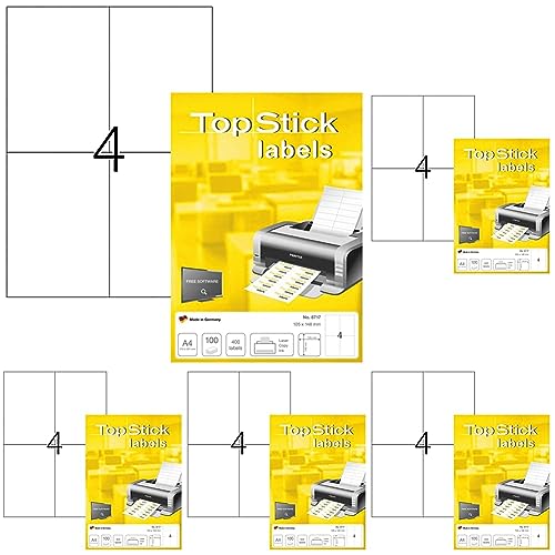 TopStick 8717 Universal Etiketten, 100 Blatt, 105 x 148 mm, 4 Stück pro A4 Bogen, 400 Aufkleber, selbstklebend, bedruckbar, blanko Versandetiketten aus Papier für Laser/Inkjet Drucker, weiß von topstick