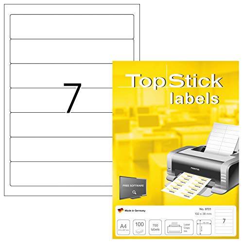 TopStick 8721 Ordnerrücken Etiketten schmal kurz, 1000 Blatt, 192 x 38 mm, 7 pro A4 Bogen, 7000 Stück, selbstklebend, bedruckbar, blickdicht blanko Papier Ordneretiketten Rückenschilder Aufkleber weiß von topstick